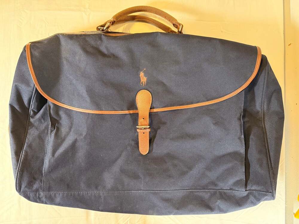 Ralph Lauren Fragrance Navy Canvas Weekender Travel Duffle with Tan Leather Trim